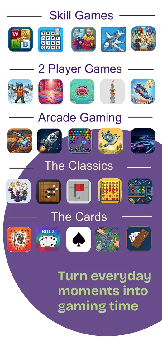 Skill, two-player, arcade, classic, and card game categories